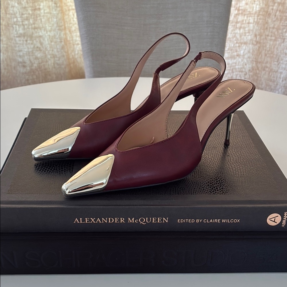 Elegant Burgundy Slingback Heels with Silver Accents